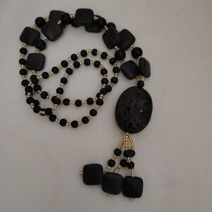 Lava Rock Pendant, Lava Square Beads &   Gold & Black Glass Beaded Necklace 30"